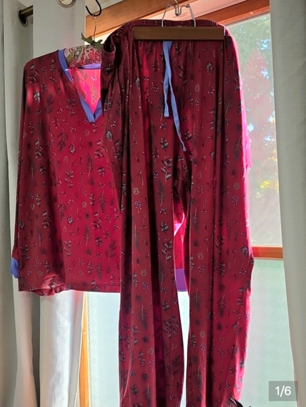 Women's Floral Pajama Set in Deep Red with Blue Trim